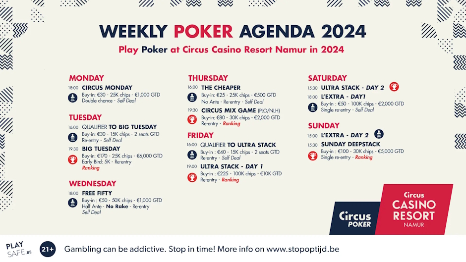 Circus Resort Casino Namur Weekly Poker Agenda 2024 horizontaal