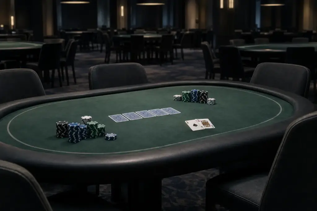 Poker table with chips and cards representing Alberta’s newly regulated online poker market