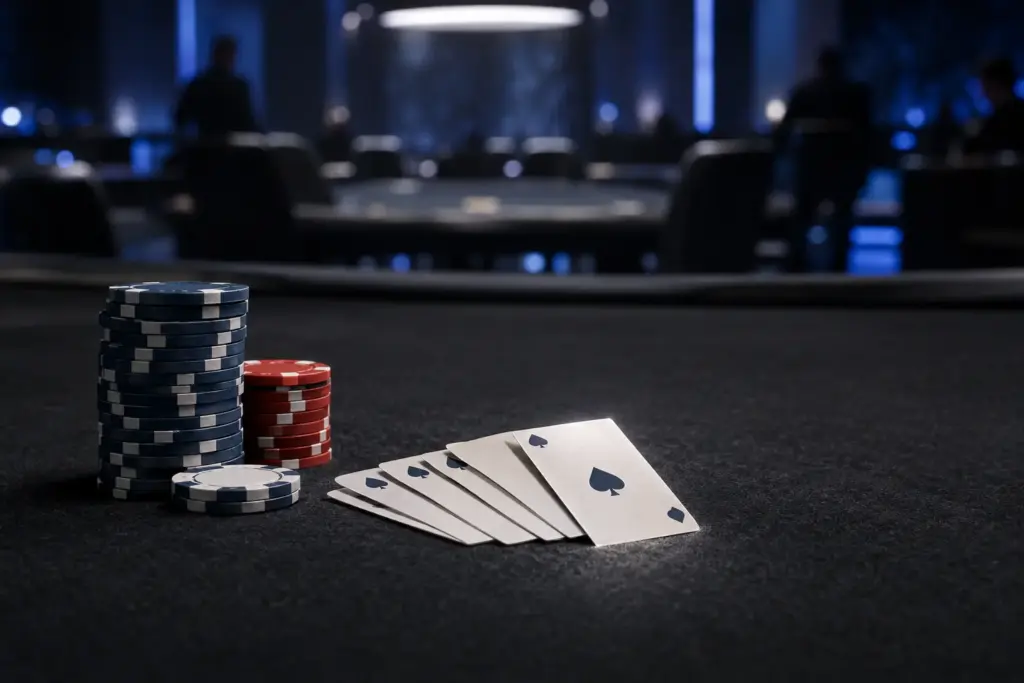 Poker chips and playing cards on a tournament table symbolizing Sean Rafael’s high-stakes PLO victory