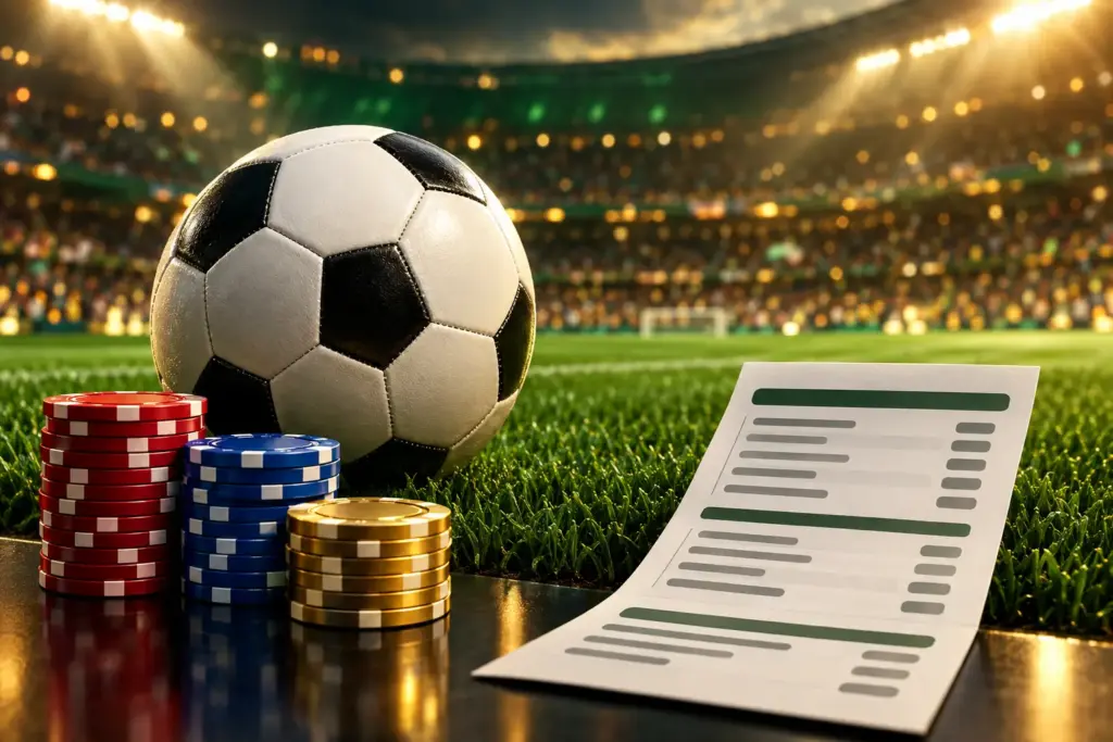 Football and betting chips on stadium turf representing international sports bookmakers outside CRUKS in the Netherlands