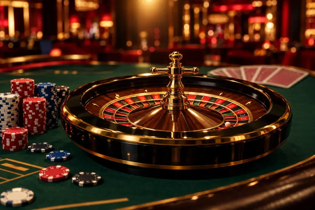 Polished roulette wheel with stacked casino chips on a green felt table, cinematic gold and crimson casino lighting.
