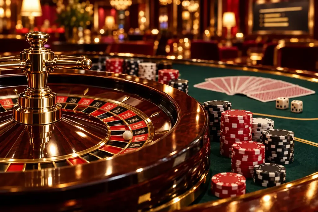 Polished roulette wheel with stacked casino chips on green felt table, cinematic gold and red casino lighting