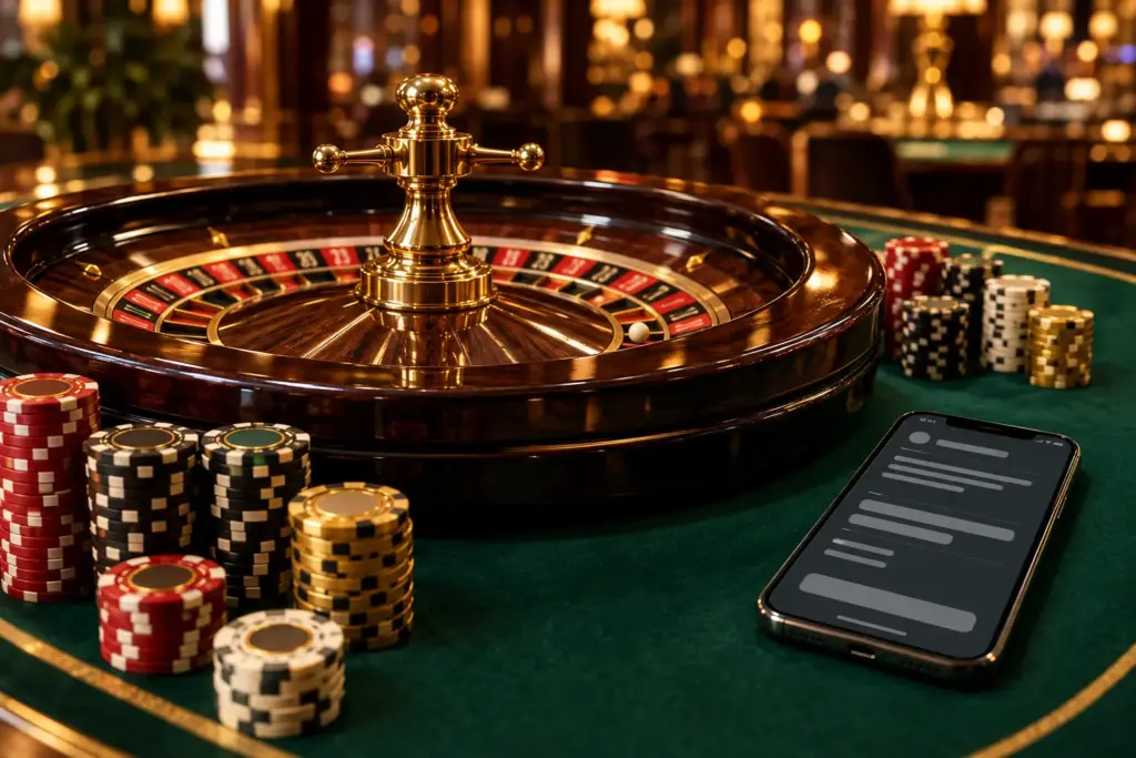 Roulette wheel with casino chips and a smartphone on green felt for online casino zonder registratie