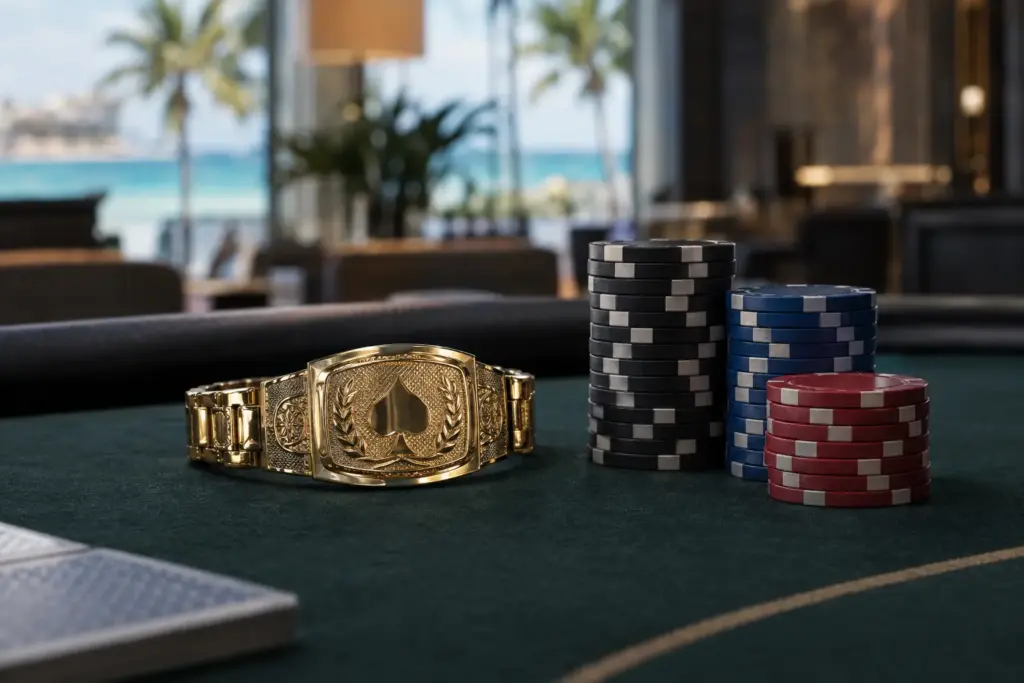 Gouden pokerbracelet en fiches op een toernooitafel voor de finale in de Bahama’s