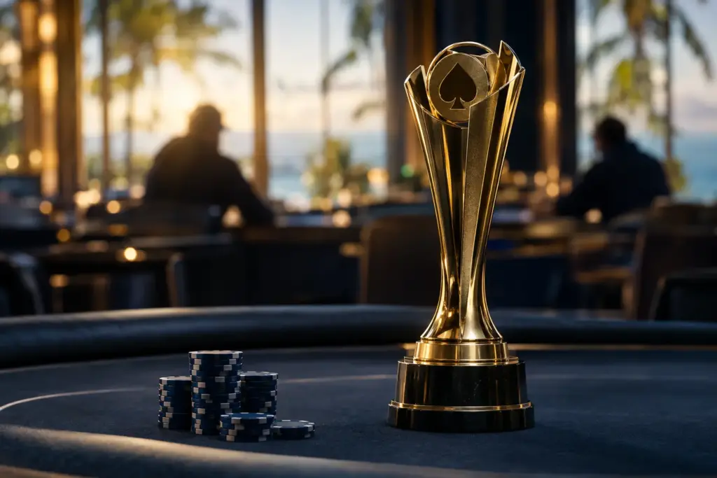Gouden pokertrofee op tafel tijdens de spannende WSOP Player of the Year-race