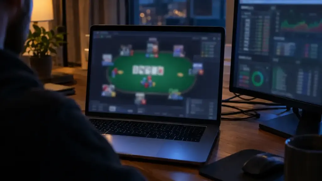 Online pokerclient op een laptop naast een tweede scherm met vervaagde statistieken