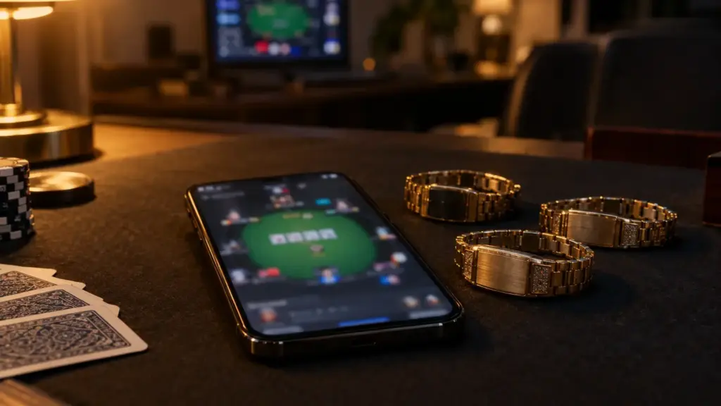 Smartphone met een onscherpe online pokertafel en drie gouden kampioensarmbanden op een pokertafel.