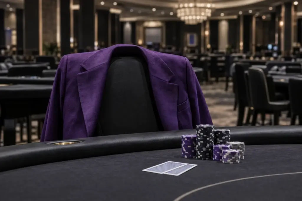 Purple jacket beside poker chips at a professional tournament table