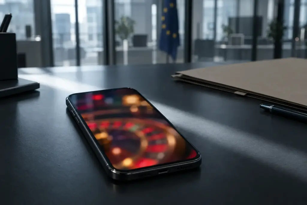 Smartphone met vervaagde gokreclame op een bureau tijdens toezicht op illegale online gokplatforms