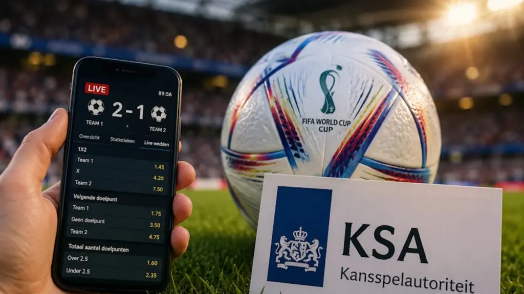 Een hand die een smartphone met weddenschappen vasthoudt naast een FIFA World Cup voetbal en een kaart van de Kansspelautorit