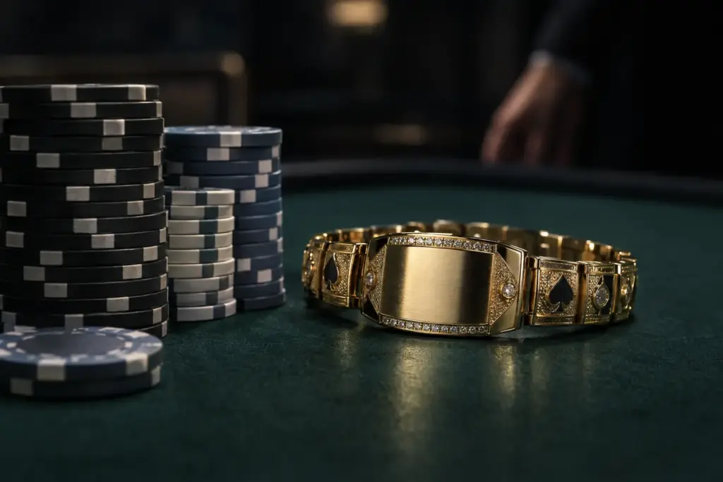 Gouden WSOP-pokerbracelet naast fiches op een pokertafel na een spannende toernooidag
