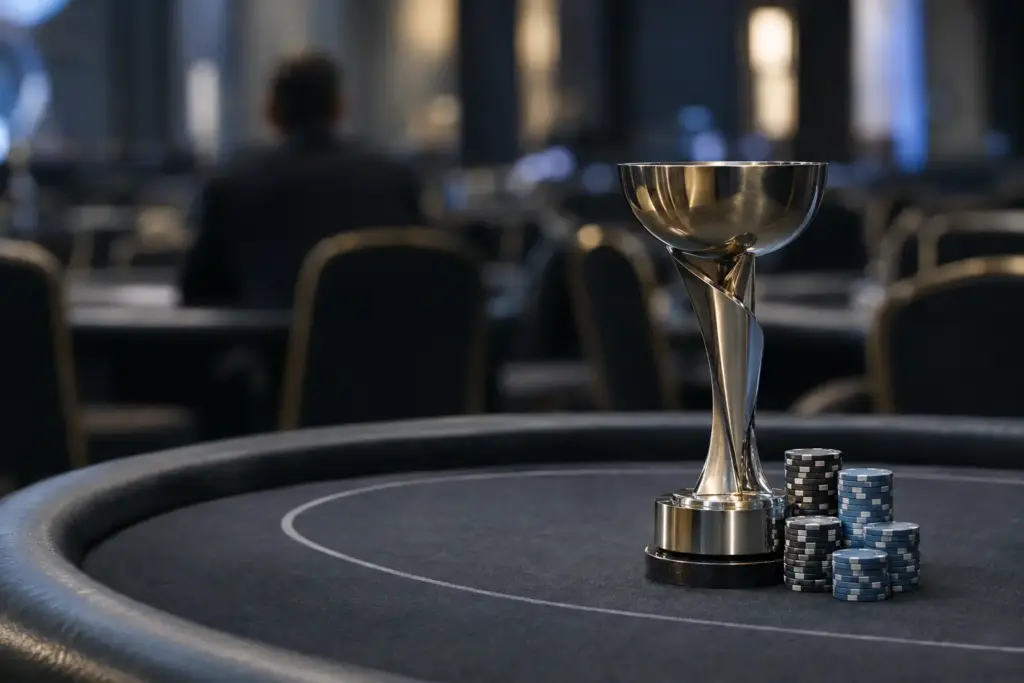 Zilveren pokertrofee en fiches op tafel na een overwinning in een high-stakes pokertoernooi