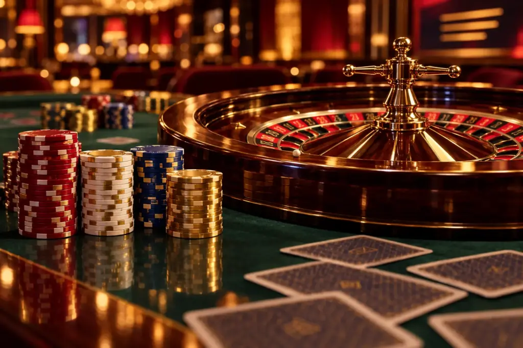 Roulette wheel with stacked casino chips on green felt — nieuwste online casino Nederland 2026