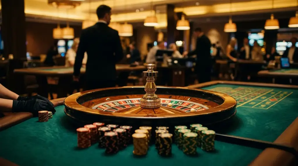 European roulette wheel with stacked casino chips on emerald felt, cinematic gold and black casino lighting.