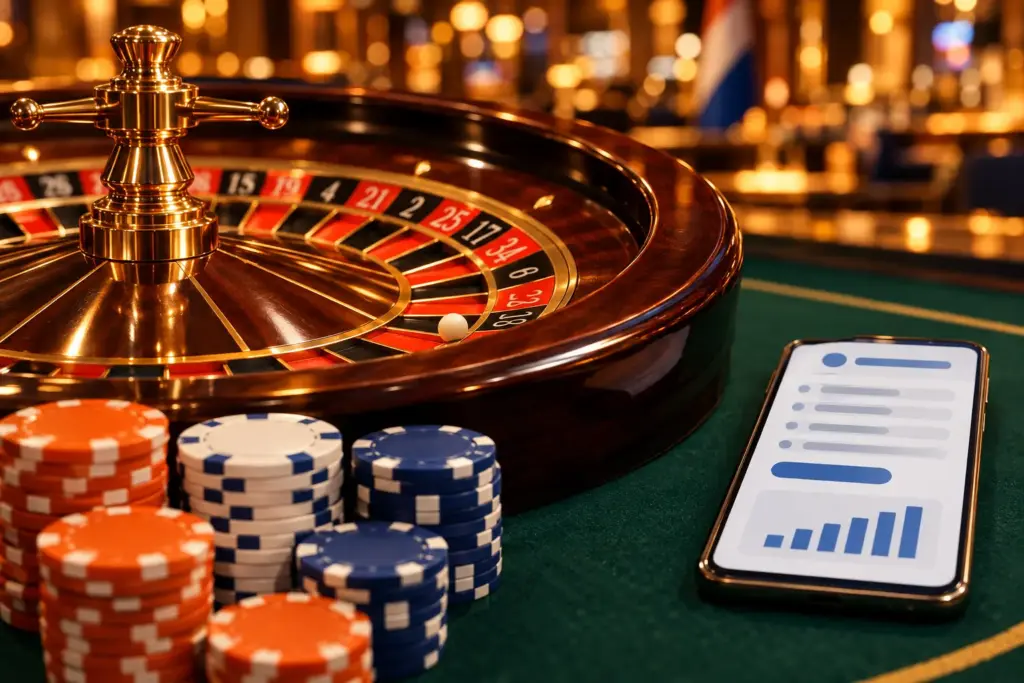 Roulette wheel with Dutch-colored casino chips and a wireframe mobile payment interface on green casino felt