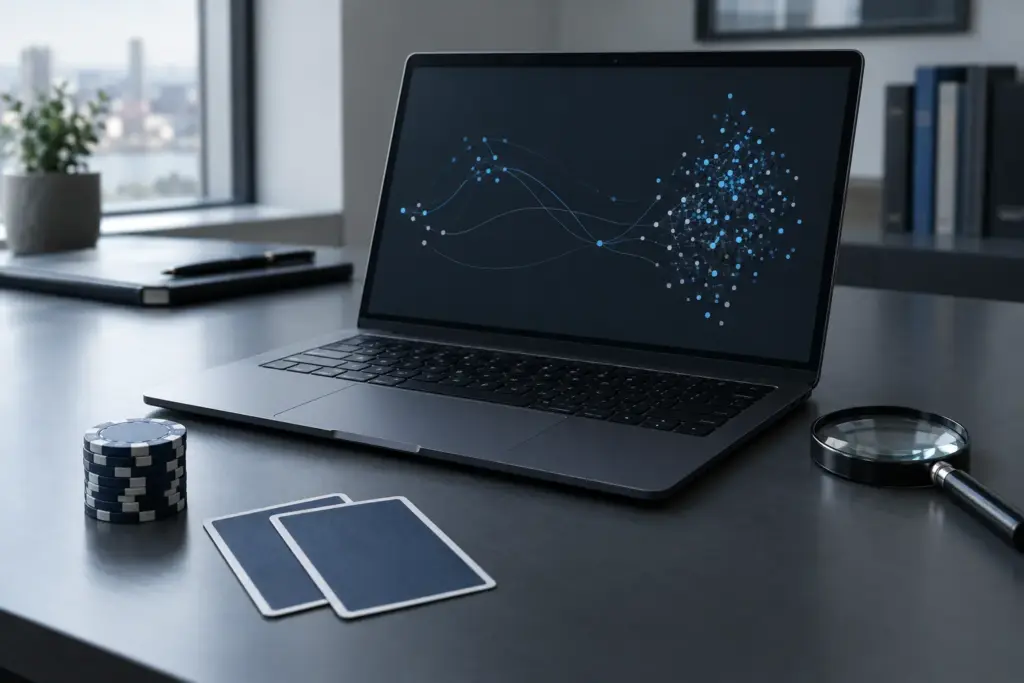 Laptop met anonieme data-analyse, pokerchips en gesloten kaarten voor onderzoek naar online pokerfraude