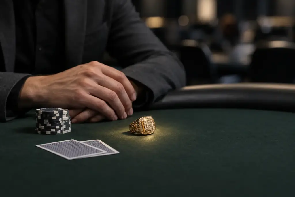 Gouden WSOPC-ring naast pokerchips op de finaletafel na een toernooizege