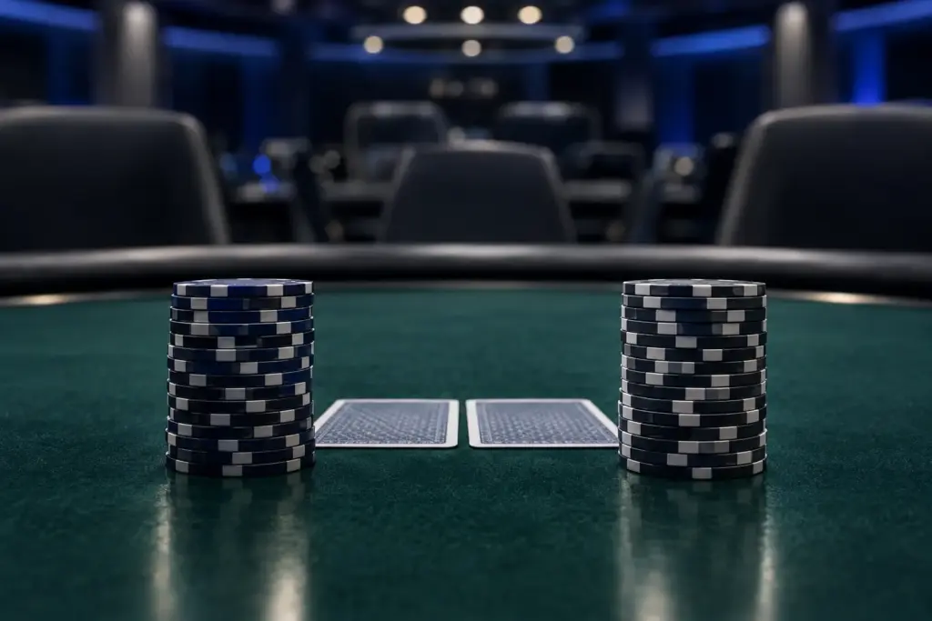 Twee bijna gelijke stapels pokerchips op een toernooitafel symboliseren de spannende PGT-race.