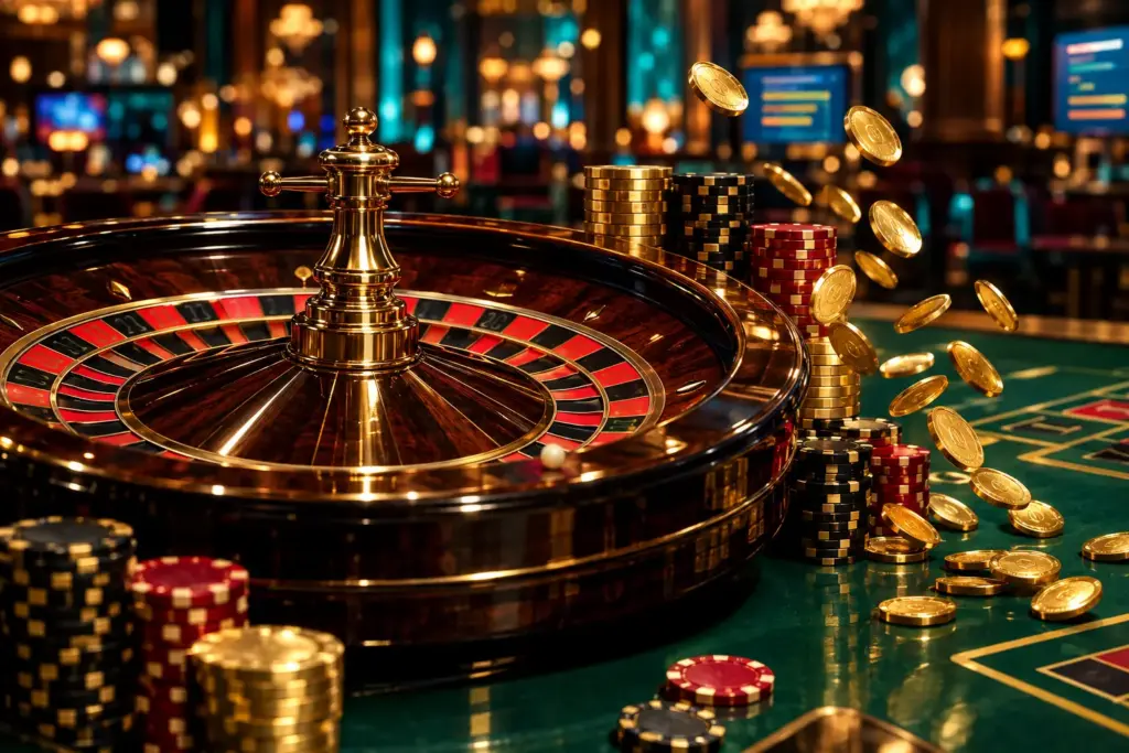 Roulette wheel with stacked casino chips and gold coins on a green felt table for fast payout casinos 2026