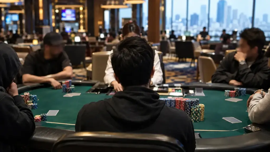 Pokerfinaletafel in Manila met een grote chipstack centraal voor de Nederlandse chipleader