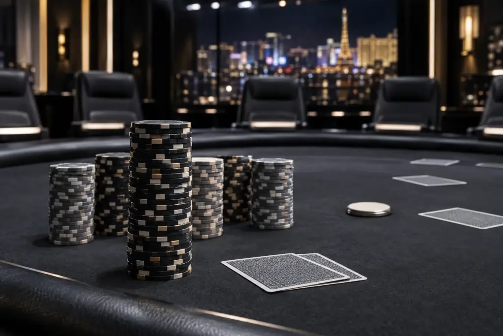 Chip leader stack on the final table of a high-stakes Poker Masters tournament