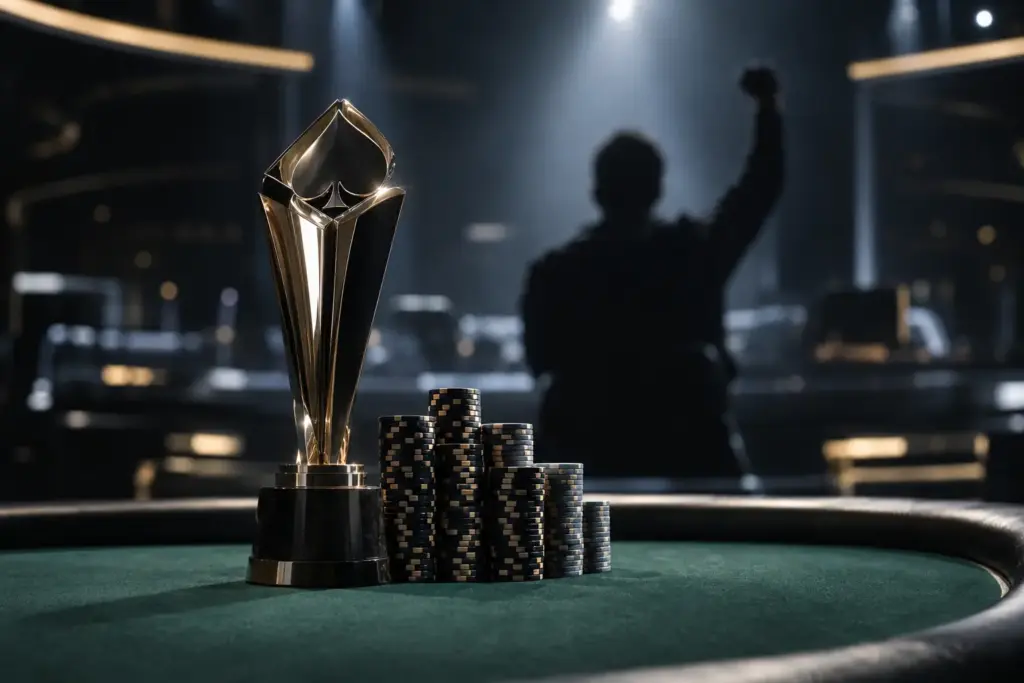 Pokerkampioen met trofee en fiches aan de finaletafel van een highroller-toernooi